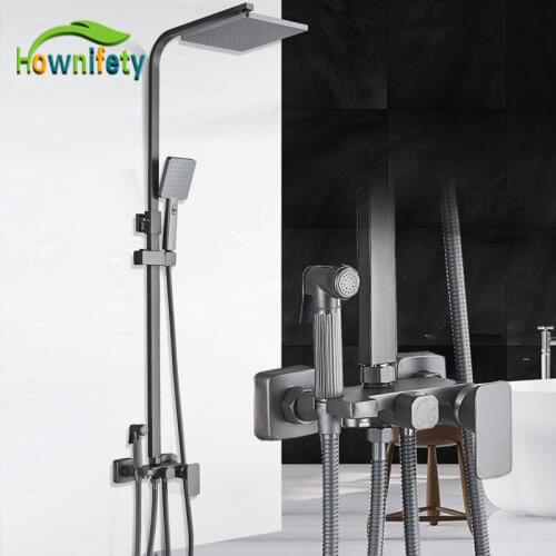 Gun Gray Color Shower Facuet Wall Mount Grey Hot Cold Shower Mixer Bathroom Bathtub Faucet Brass Shower Head ABS Plstic Handheld