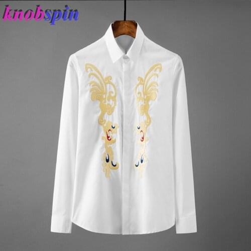 Elegant Royal Embroidery Shirt Men Luxury Solid Long Sleeve Mens Dress Shirts Plus Size 4XL Casual Slim Man Shirts Camisas