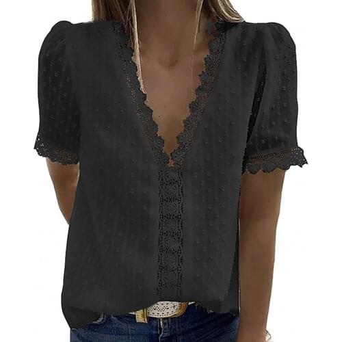 Elegant Lace T-shirt Women Lace V-neck Short Sleeve Casual T-shirt Solid Color Top Oversized T Shirt Mujer Camisetas Топ @40