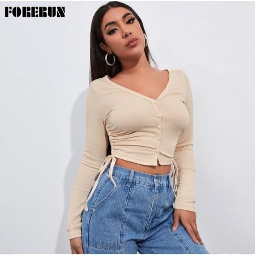 FORERUN Tops Women 2021 Cropped Long Sleeve Autumn Ribbed T-shirt Skinny Sexy Side Ruched V Neck Shirts Dropshipping