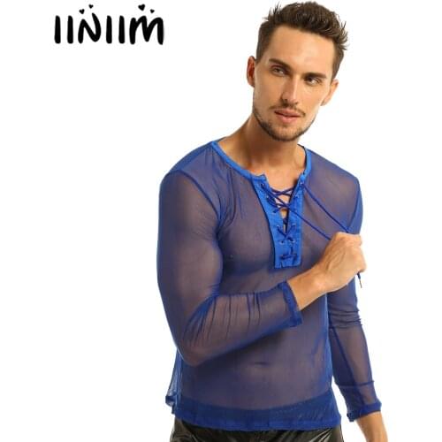 Mens Summer T-shirt Hot Sexy Sheer Mesh Lace-Up Pullover T Shirts Breathable Casual Undershirt Fashion Streetwear Costume Homme