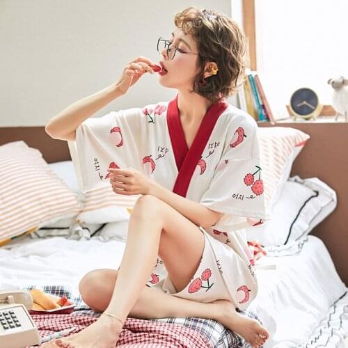 Girl Cotton Short Sleeve Kimono Household Loose Plus Size Lovely Sweet Pajamas Brim Sleepwear Set