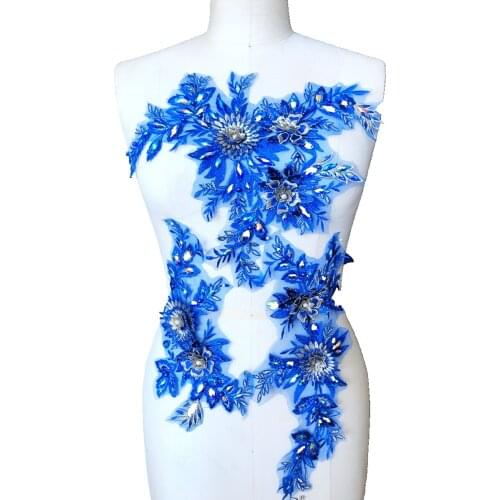 Sew on rhinestones lace applique royalblue Three-dimensional flower patches for dress DIY accessories