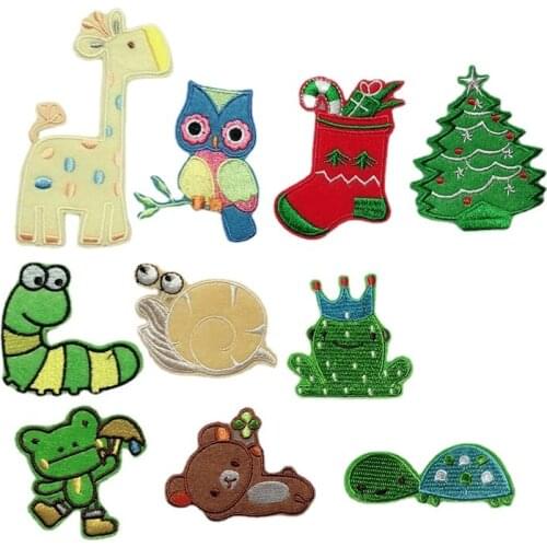 New 1PCS Cartoon Lovely Animal Frog Christmas Tree Group Combine Embroidery Owl Decoration Children Clothes Shoes Giraffe Patch