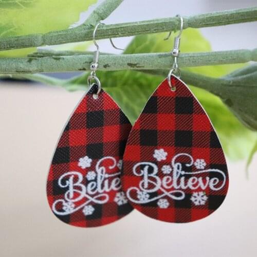 New European and American Christmas Series Double-sided Lattice Leather Earrings Printed Letters Pu Earrings Gifts Wholesale