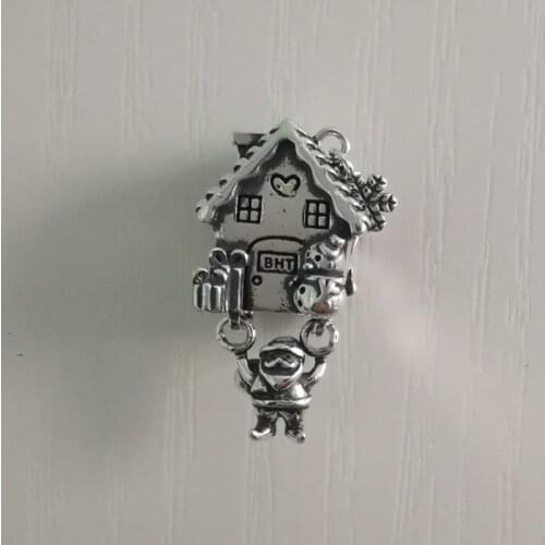 Mistletoe 925 Sterling Silver Santa Claus Christmas house Charm European Jewelry