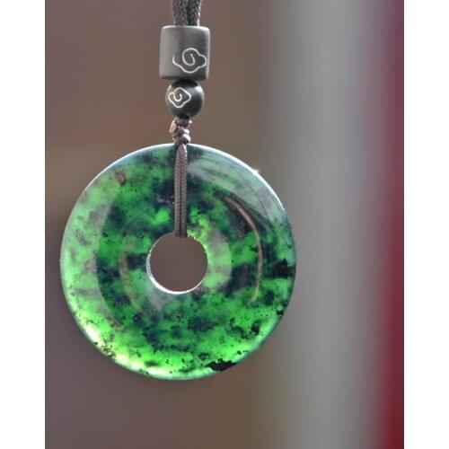 Natural Black Green Hetian Stone Doughnut Carved Jade Pendant Necklace Chinese Jadeite Jewelry Charm Amulet Gifts for Women Men