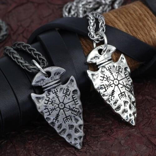 2021 New "Helm of Awe" and "Viking Vegvisir" Iron Color Viking Spear Pendant Necklace with Stainless Steel Chain As Men Gift