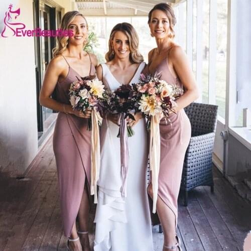 Dusty Rose Bridesmaid Dresses 2020 Spaghetti Strap High Low Vestido Madrinha V-neck Wedding Guest Dress Vestido De Festa