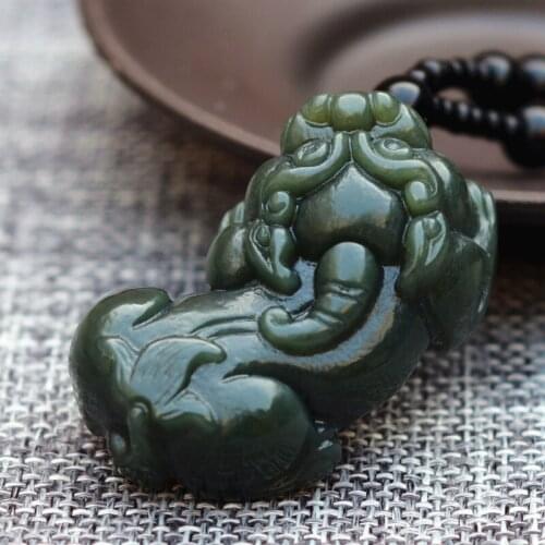 Drop shipping Natural Dark Green HETIAN Nephrite Pendant Hand-Carved PIXIU Round Necklace Fashion Mens Fashion Jades Jewelry