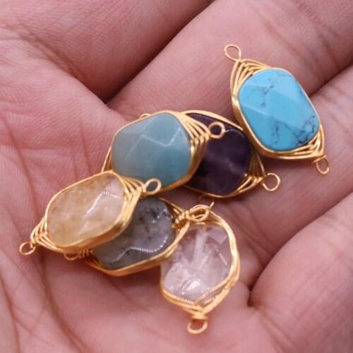 Rectangular Pendant Double Hole Tiger Eye Stones Charms Rose Quartzs Connectors for Making DIY Jewelry Necklace 11x20mm