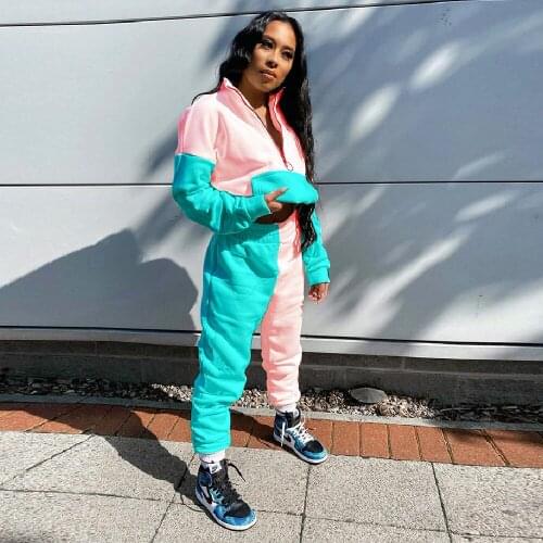 Contrast color patchwork hoodie two piece sweatsuit womens sport suit zipper up full sleeve sweatshirt and jogger sweatpants