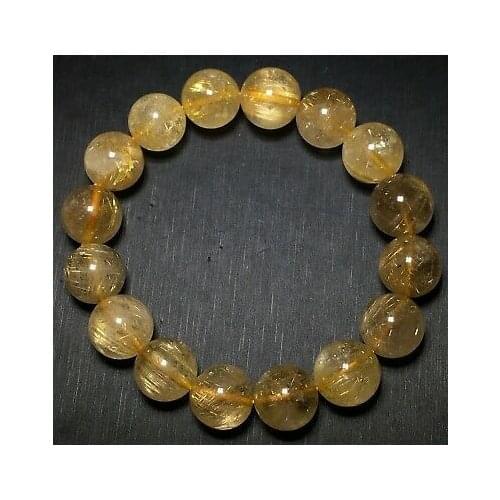 13mm Natural Gold Rutilated Quartz Stretch Crystal Beads Bracelet