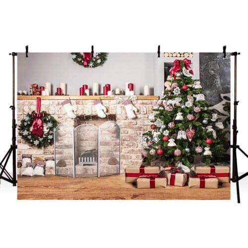 Photography Backdrops Christmas Tree Stairs Wooden Floor Fireplace Portrait Vinyl Photographic Backgrounds Photo Studio