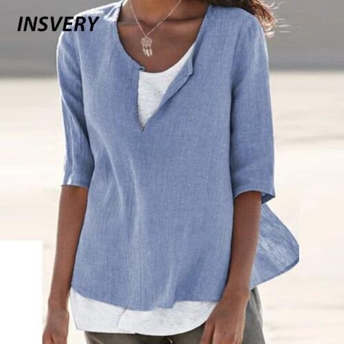 2021 Cotton Linen Women T-Shirt Vintage Solid Lady Tshirt Casual Half Sleeve V Neck Casual Loose Top Plus Size 5XL