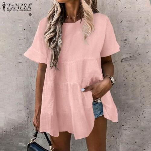 Women Summer Short Sleeve Ruffles Blouse ZANZEA Fashion Solid Shirt Elegant Casual Tops Loose Cotton Blusas Chemise