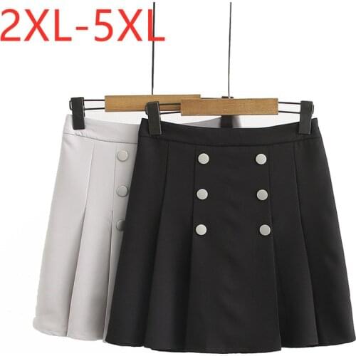 New 2021 Ladies Summer Plus Size Mini Skirt For Women Large Elastic Casual Button Beige Black Pleated Skirts 2XL 3XL 4XL 5XL