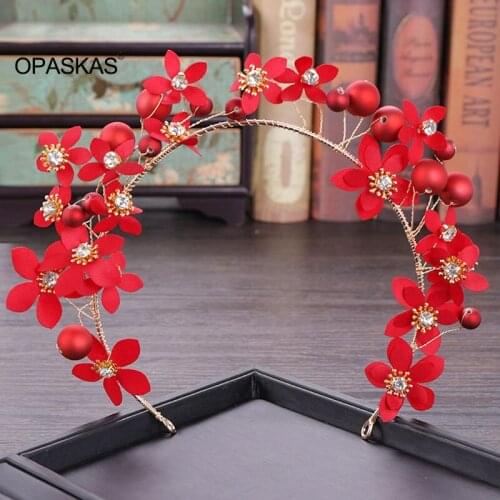 Women Chinese Style Red Flower Headband Bridal Wedding Simulation Pearl Headpiece Delicate Hairband Tassel Earrings PT
