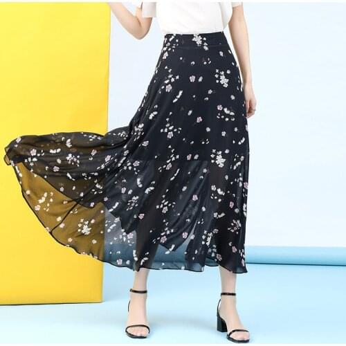 Women High Waist Plus Size Chiffon Floral Big Swing Long Skirt Summer Female Elegant Vintage Loose Casual A-line Skirts M905