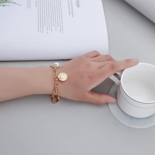 Acheerup Charm Stainless Steel Bracelets for Women Female with Letter C Pearl Queen Head Thick Chain Bracelet Jewelry Party Gift