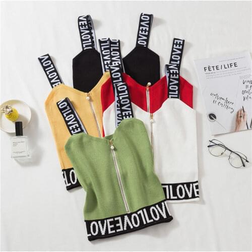 Women Corset Tops Summer Short Zipper Alphabet Knitting Spaghetti-Strap Camisole Top Tank Camis Crop Top For Women