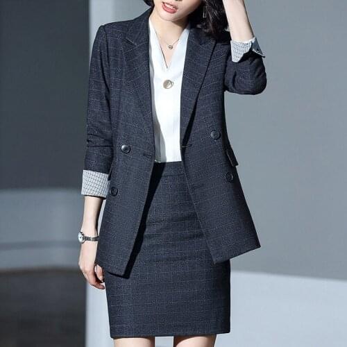 Ladies suits new fashion lattice temperament double-breasted professional temperament slim skirt womens two-piece suit