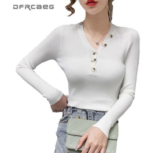 Sexy V-Neck Knitted Slim Women Sweaters With Button 2020 Autumn Elastic Pullovers Full Sleeve Knitwear Top Clothes