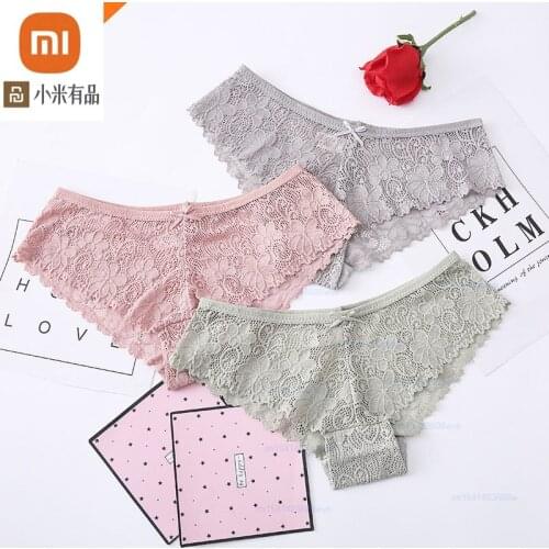 Xiaomi 3pcs Lace Panties Womens Sexy Underwear Woman Bow Breathable Female Transparent Briefs Low-rise Seamless Underpants