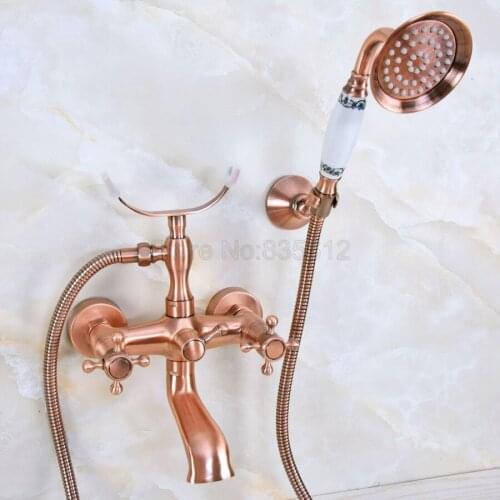 Antique Red Copper Bathtub Mixer Faucet Dual Handle Bath Shower Set with Hand Shower Swivel Tub Spout tna359