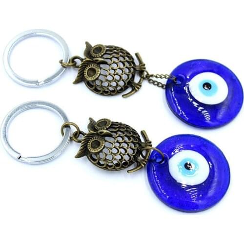 5*5CM Turkey Blue Keychain Glass Eye Hollow Out Bronze Owl Demon Eyes Men Key Pendant Car Garden Ornament Wall Hangings