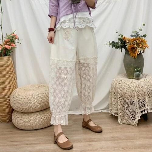 New Mori Girl Women Pants Elastic Waist Organza Stitching Cotton Linen Solid Color Loose Cropped Trousers Women
