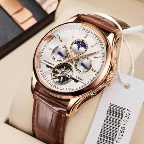 LIGE Men Watch Top Brand Mens Mechanical Watches Automatic Tourbillon Skeleton Watch Men Calendar Relogio Masculino dropship+Box
