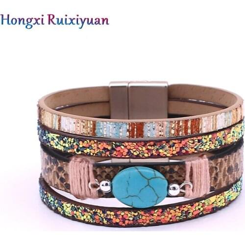 Leather Bracelet Bohemian Multilayer Leather Crystal Handmade Bracelets & Bangles Womens Magnetic Buckle Bracelet Jewelry