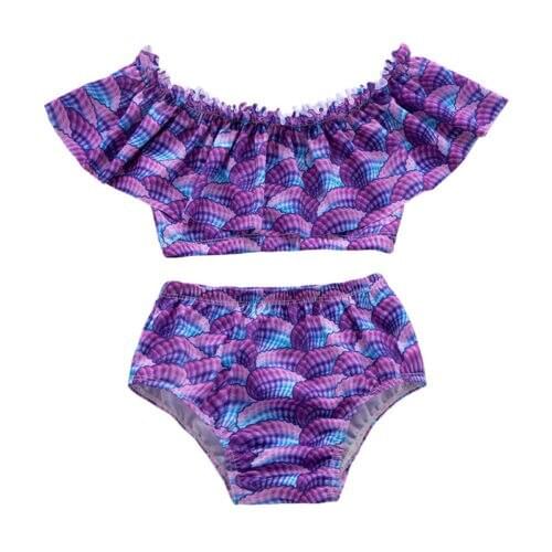 Purpel Red 2PCS Girls Swimwear Tankini Shells off Shoulder Beachwear Bikini Set Baby Swimwear