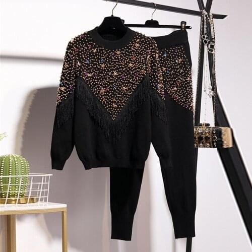 Fashion Casual Runway High Quality Tassel Beading Hoodies+Full-Length Pants Holiday Gray Black 2 Pieces Sets
