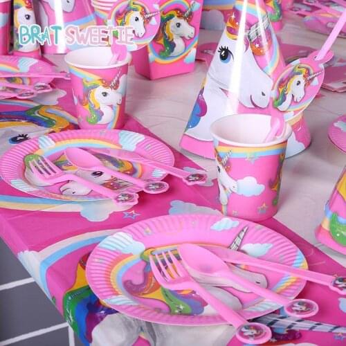 Unicorn Party Paper Plates Cups Tablecloth Unicornio Cake Topper Baby Shower Girls Theme Birthday Party Decorations Kids Favors