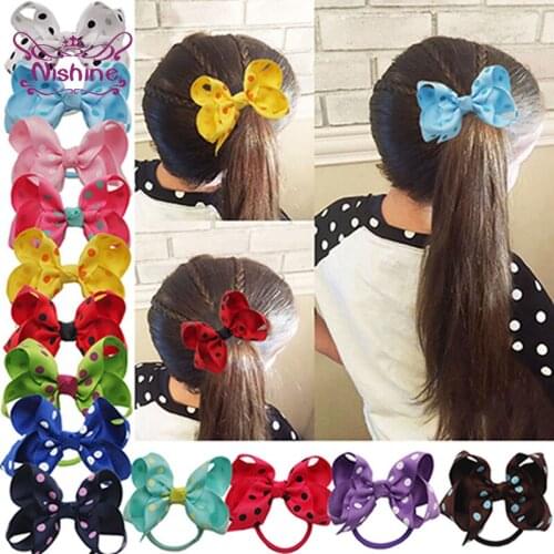 Nishine 1 PCS 8*5 CM Fashion Dots Grosgrain Ribbon Bowknot Infant Hair Rope Cute Handmade Bows Elastic Hairband Baby Headwear