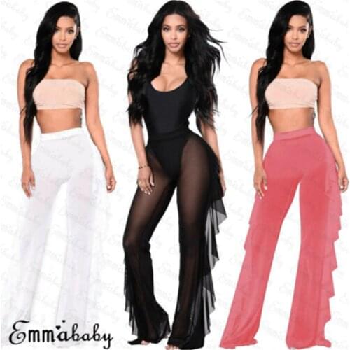 2019 New Sexy Plus Size Women Mesh Sheer Bikini Cover Up Long Pant Trousers Beach Swimwear Mesh Sheer Loose Chiffon Harem Pants
