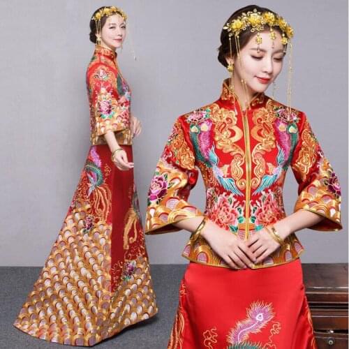 New Chinese style formal dress royal phoenix wedding cheongsam costume red bride vintage Chinese traditional Tang suit Qipao