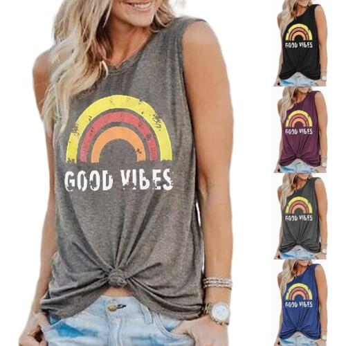 New 2020 Summer Sleeveless Tops Casual Tank Tops Women Good Vibes Print Gray O-Neck Vest Femme Loose Plus Size Tops Tee
