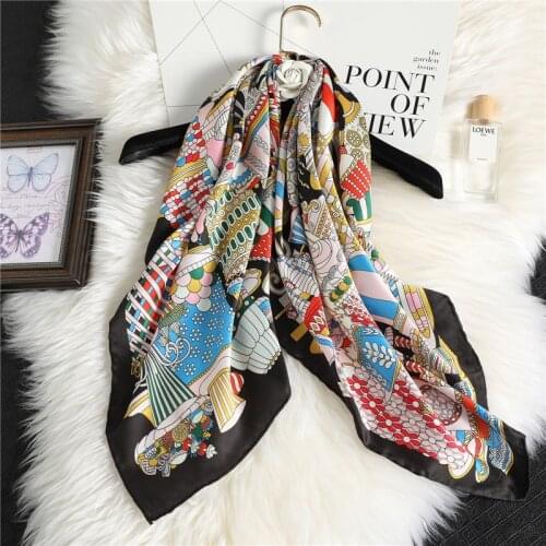 OMEA Hang Rolled Silk Head Scarf Women Colorful Castle Printing Black Hijab Scarf Twill Large Square Shawl 90cm Luxury Bandana