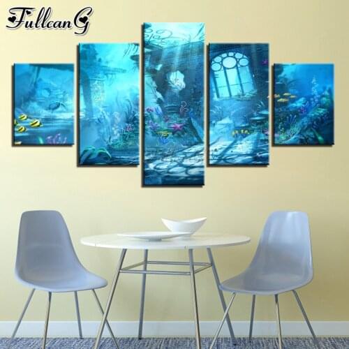 FULLCANG Undersea house scenery 5 piece diy diamond painting full square round drill mosaic embroidery sale decoration FG0206