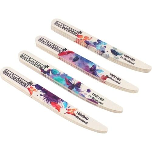 10pcs/lot Wooden Nail file 100/120/150/180/240 Strong Stick Thick Sandpaper Buffer Butterfly Printed Straight Nail Sanding Tool
