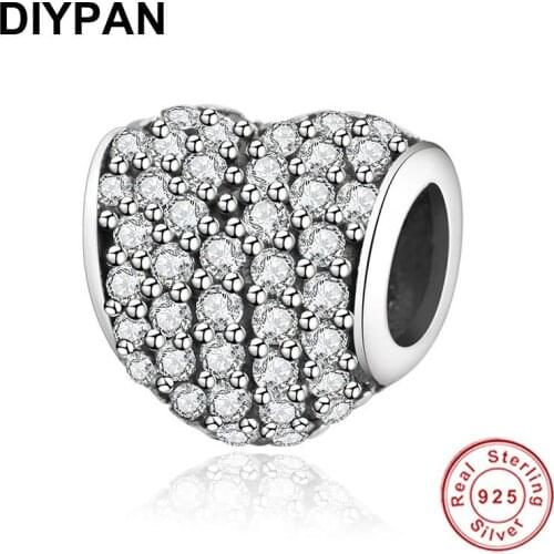 Fit Original Pandora Charms Bracelets 925 Sterling Silver Heart Charms Pave Clear Zircon Beads For Jewelry Making Women Berloque