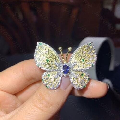Natural sapphire pendant & brooch 925 silver dual-purpose style golden butterfly yearning for freedom of love