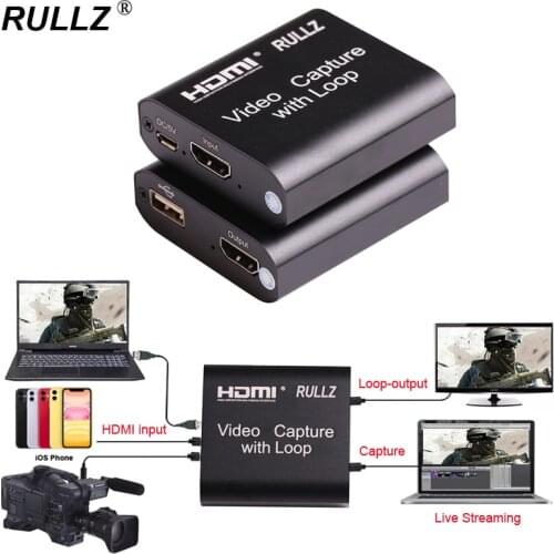 Rullz Loop out Audio Video Capture Device HDMI Capture Card 4K 1080P USB 2.0 Game Grabber Live Streaming Box for PS4 DVD Camera