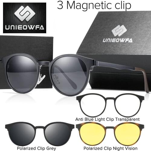 Night Vision Magnet Clip on Sunglasses Women Retro Round Polarized 3 in 1 Sun Glasses For Men Prescription Optical Glasses Brand
