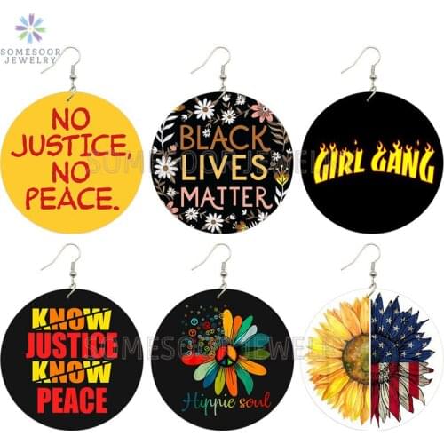 SOMESOOR Peace Justice Soul Printed Wooden Drop Earrings Black Lives Matter Girl Gang American Sunflower Design Dangle Jewelry