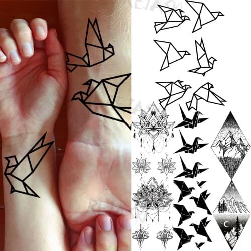 Geometric Paper Crane Birds Tattoos For Women Adult Pendant Mandala Mountain Fake Tattoo 3D Waterproof Tattoo Stickers