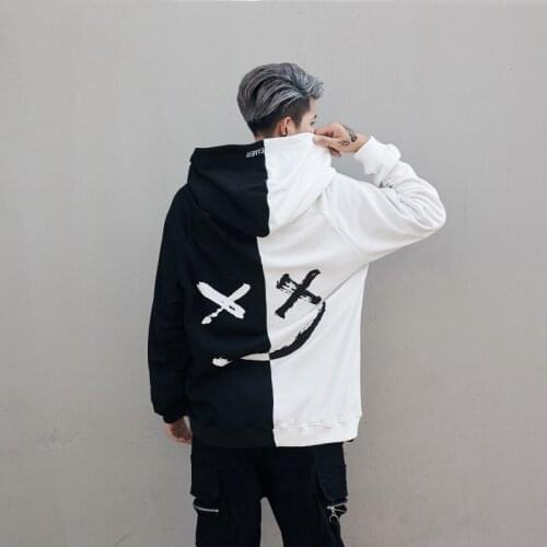 Spring Autumn Male Graffiti Smiling Face Black and White Patchwork Hoodie Hoodie Men and Women Hip-hop Loose Couple Coat Tide